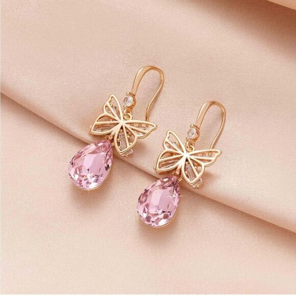 14K Rose Gold with Pink Sapphire Austrian Crystal Butterfly Teardrop Earrings - Picture 2 of 5